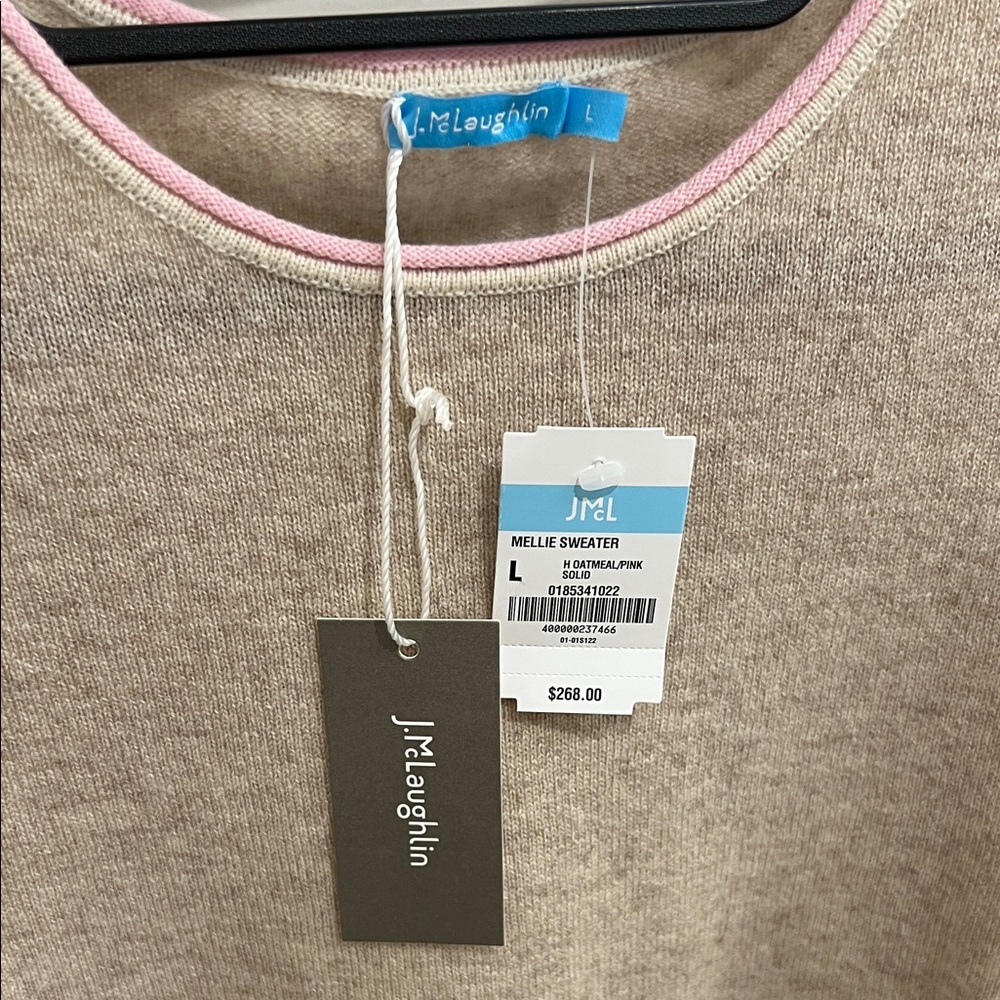 J. McLaughlin Tan Crewneck Sweater with Pink Trim - Picture 2 of 8